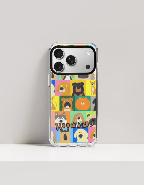 Hoomans Lotta Dogs iPhone case: colour-block grid of hand-drawn dog breed portraits with HOOMANS lettering, on iPhone 17 Pro mockup