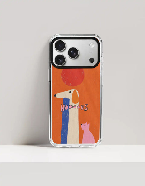 Hoomans Tall Dog Small Cat iPhone case: a very tall cream dog and a small pink cat on burnt orange with HOOMANS lettering, on iPhone 17 Pro Max mockup