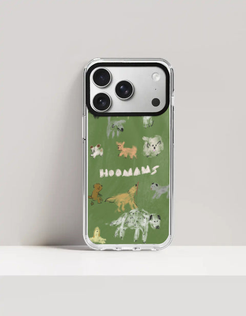 Hoomans Dog Park iPhone case — hand-painted dogs of different breeds on olive green, on iPhone 17 Pro Max mockup