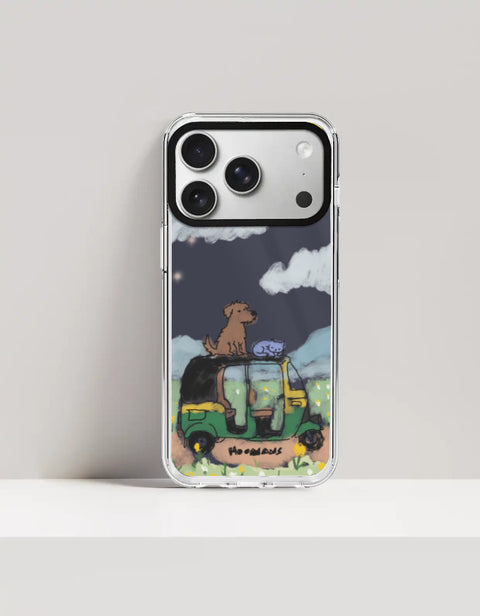 Hoomans Night Shift iPhone case — hand-painted dog and sleeping cat on an auto-rickshaw at night, on iPhone 17 Pro Max mockup