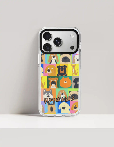 Hoomans Lotta Dogs iPhone case: colour-block grid of hand-drawn dog breed portraits with HOOMANS lettering, on iPhone 17 Pro Max mockup