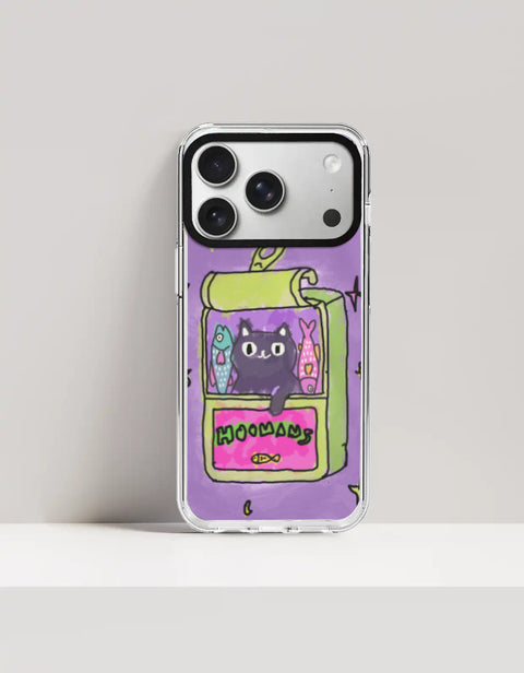 Hoomans Sardine Tin iPhone case — black cat in a green sardine tin, purple doodle background, on iPhone 17 Pro Max mockup