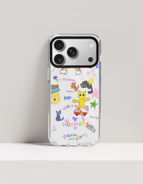 Hoomans Crazy Cat Lady iPhone case — colourful cat doodle sticker art, on iPhone 17 Pro Max mockup
