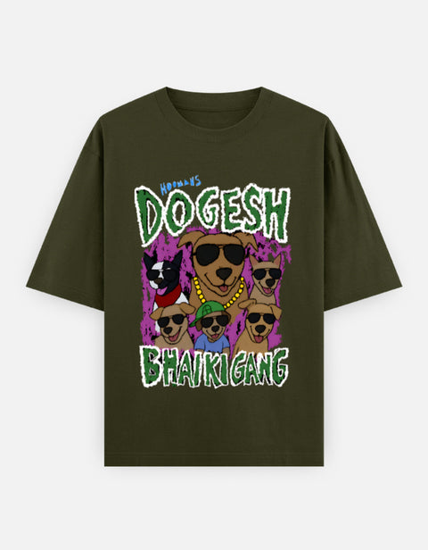 Dogesh Bhai Ki Gang oversized tee in olive green, front view