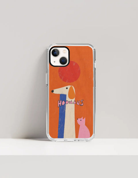 Hoomans Tall Dog Small Cat iPhone case: a very tall cream dog and a small pink cat on burnt orange with HOOMANS lettering, on iPhone 13 mockup