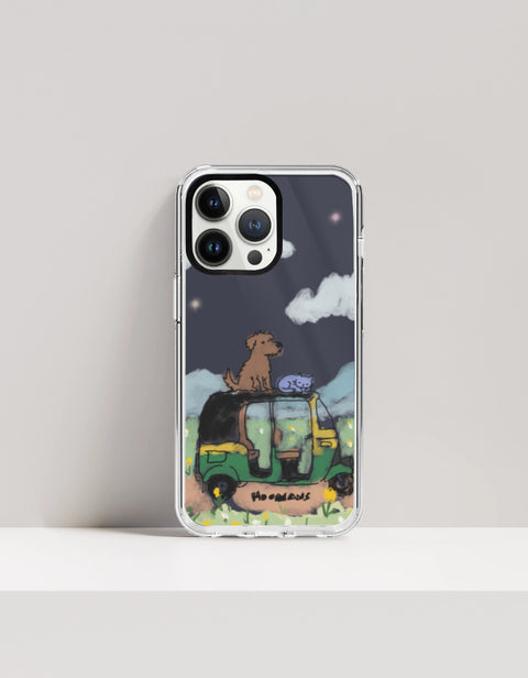 Hoomans Night Shift iPhone case — hand-painted dog and sleeping cat on an auto-rickshaw at night, on iPhone 13 Pro mockup
