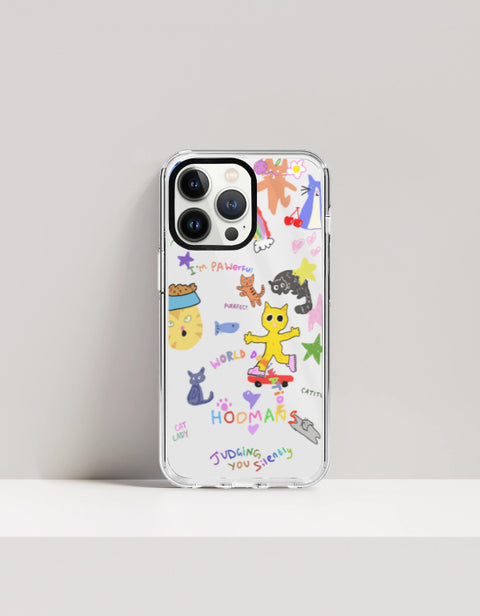 Hoomans Crazy Cat Lady iPhone case — colourful cat doodle sticker art, on iPhone 13 Pro mockup