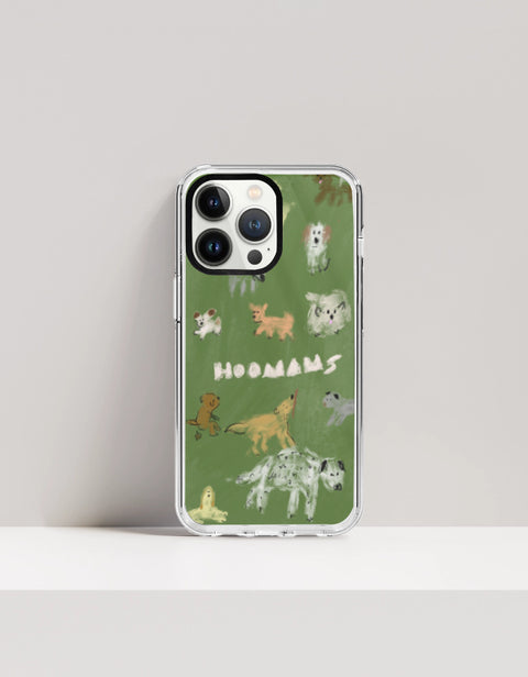 Hoomans Dog Park iPhone case — hand-painted dogs of different breeds on olive green, on iPhone 13 Pro mockup