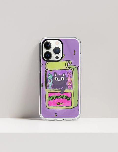 Hoomans Sardine Tin iPhone case — black cat in a green sardine tin, purple doodle background, on iPhone 13 Pro mockup