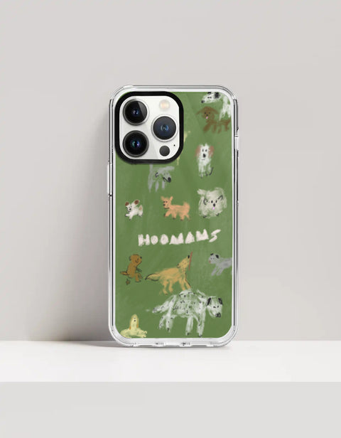 Hoomans Dog Park iPhone case — hand-painted dogs of different breeds on olive green, on iPhone 13 Pro Max mockup