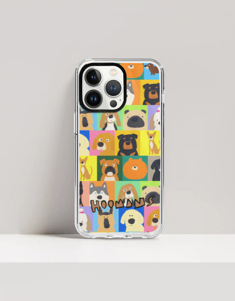 Hoomans Lotta Dogs iPhone case: colour-block grid of hand-drawn dog breed portraits with HOOMANS lettering, on iPhone 13 Pro Max mockup