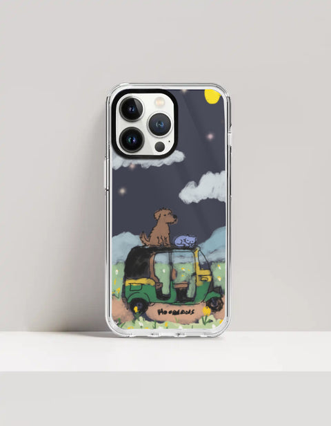 Hoomans Night Shift iPhone case — hand-painted dog and sleeping cat on an auto-rickshaw at night, on iPhone 13 Pro Max mockup