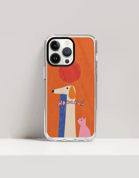 Hoomans Tall Dog Small Cat iPhone case: a very tall cream dog and a small pink cat on burnt orange with HOOMANS lettering, on iPhone 13 Pro Max mockup