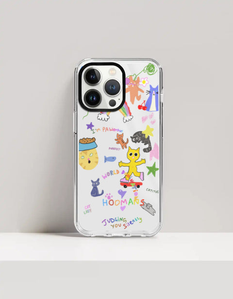 Hoomans Crazy Cat Lady iPhone case — colourful cat doodle sticker art, on iPhone 13 Pro Max mockup