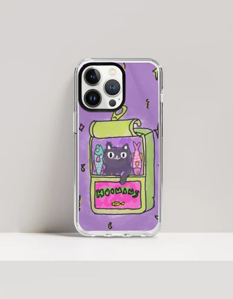 Hoomans Sardine Tin iPhone case — black cat in a green sardine tin, purple doodle background, on iPhone 13 Pro Max mockup