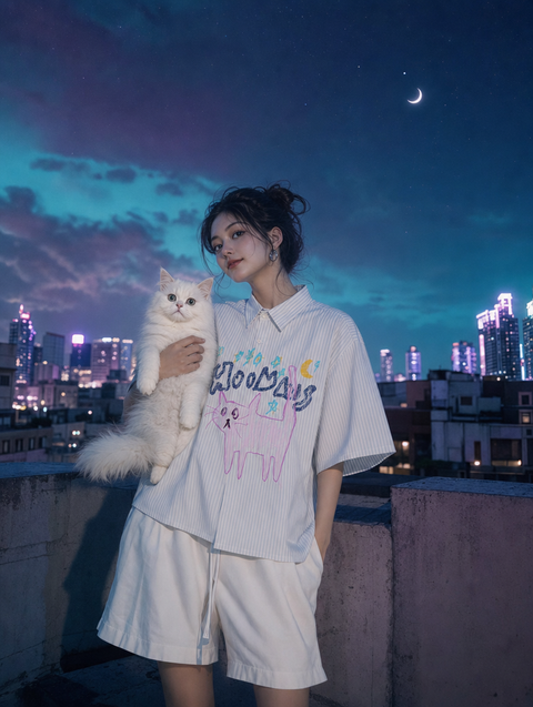 Cat At Midnight Striped Boxy Shirt