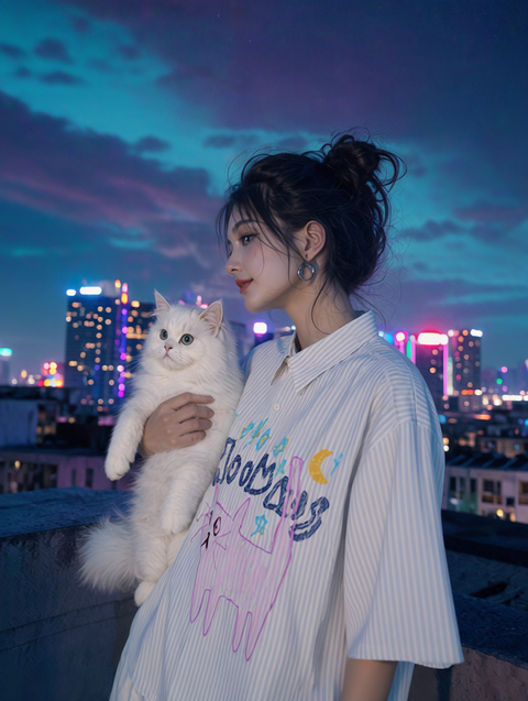 Cat At Midnight Striped Boxy Shirt