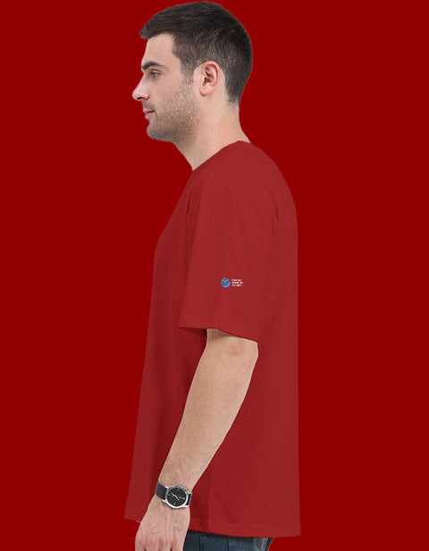 Dogesh Bhai Ki Gang oversized tee in red, side view with the Humane World for Animals India mark on the left sleeve