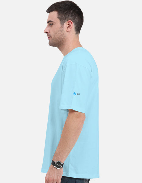 My Type? Desi Light oversized tee in baby blue, side view with the Humane World for Animals India mark on the left sleeve