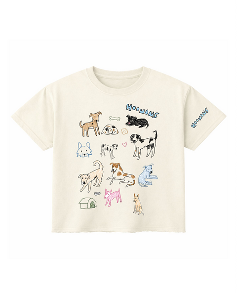 Offwhite boxy tee covered in hand-drawn dog illustrations with blue Hoomans lettering, front