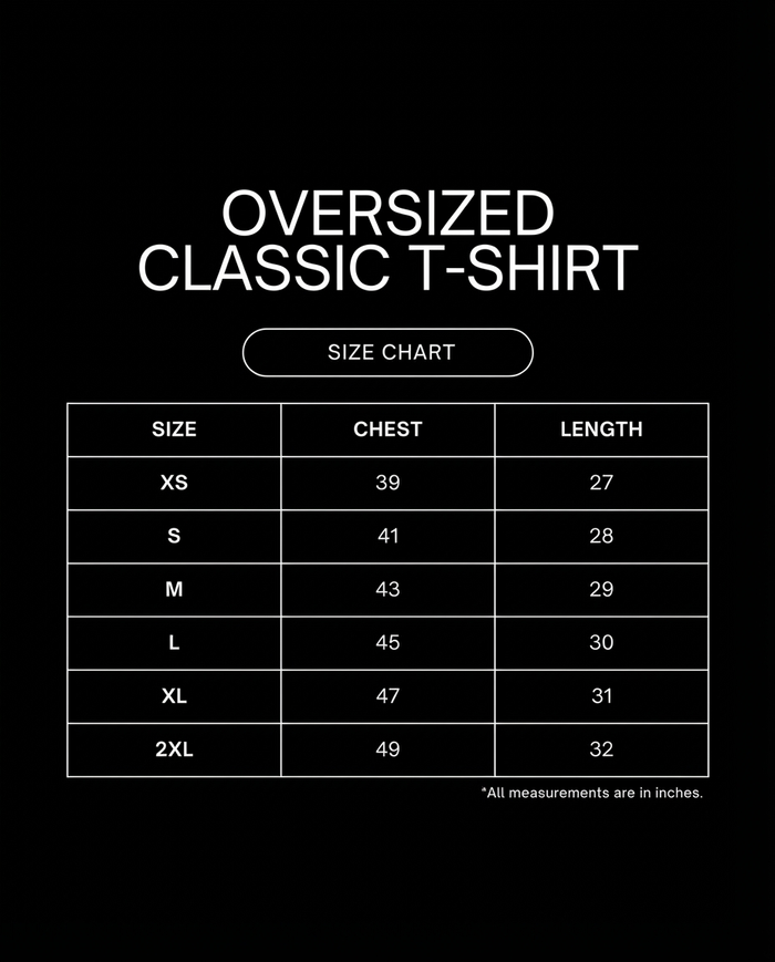 Dogesh Bhai Ki Gang Oversized Tee size chart, in inches