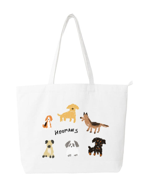 White tote bag with illustrations of dogs and the word 'Hoomans' on a white background. tote bag for dog moms.