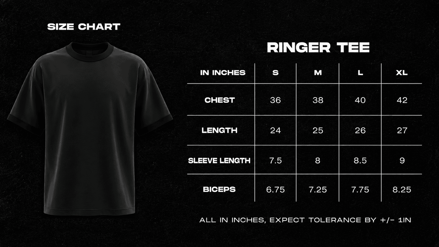 Four Doggos Ringer Tee size chart