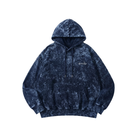 Blue acid wash hoodie with HOOMANS brand logo on a white background