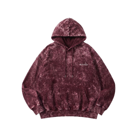 Maroon acid wash hoodie with HOOMANS brand logo on a white background