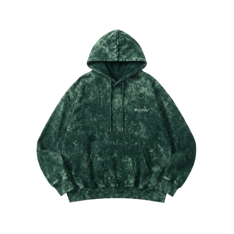 Green acid wash hoodie with HOOMANS brand logo on a white background