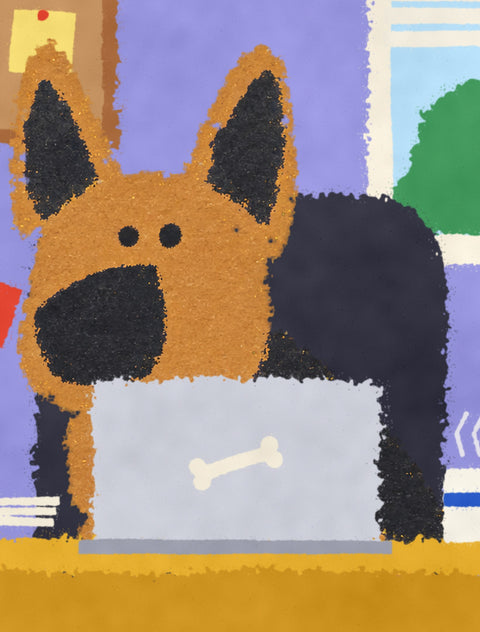 Close-up of the german shepherd in the poster, flat chalky painted texture