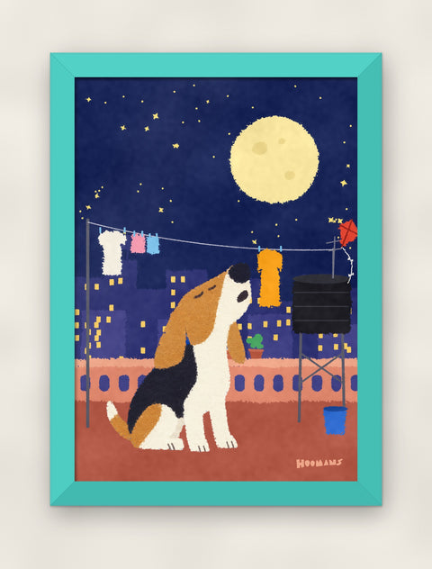 Beagle on the Terrace art print in a teal frame on a plain wall