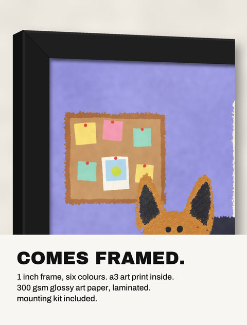 Corner of the black frame at an angle showing the german shepherd print inside
