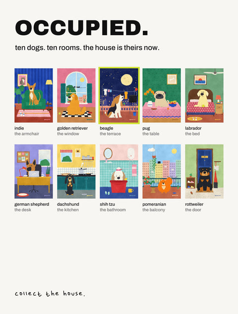 All ten Occupied posters by Hoomans: ten dog breeds, each in a different room of the house