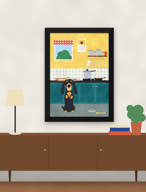 Black framed dachshund poster hung above a walnut console with a lamp, books and a plant