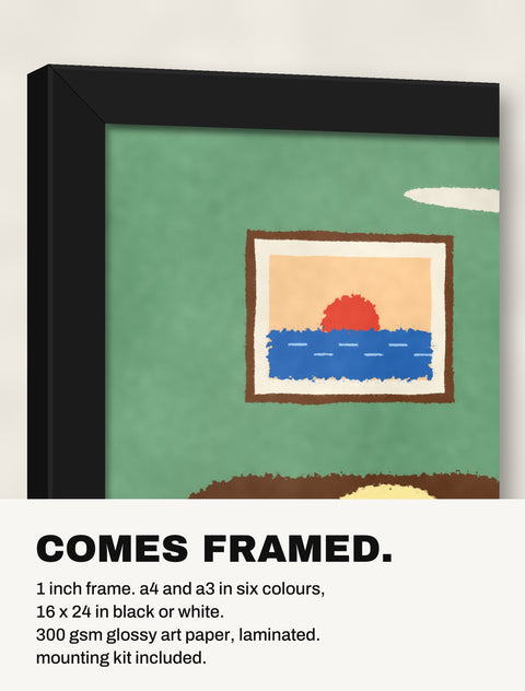 Corner of the black frame at an angle showing the Labrador on the Bed print inside
