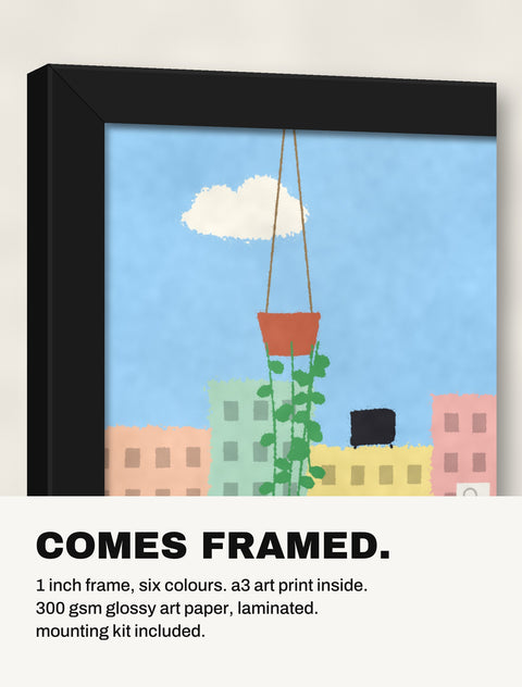 Corner of the black frame at an angle showing the pomeranian print inside