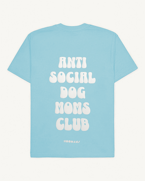 Baby blue oversized tee with 'Anti Social Dog Moms Club' white puff print, back flat lay