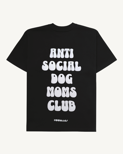 Black oversized tee with 'Anti Social Dog Moms Club' white puff print, back flat lay