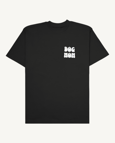 Black oversized tee with 'Dog Mom' white puff print on left chest, front flat lay