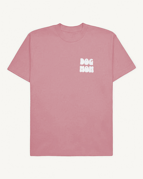 Flamingo pink oversized tee with 'Dog Mom' white puff print on left chest, front flat lay