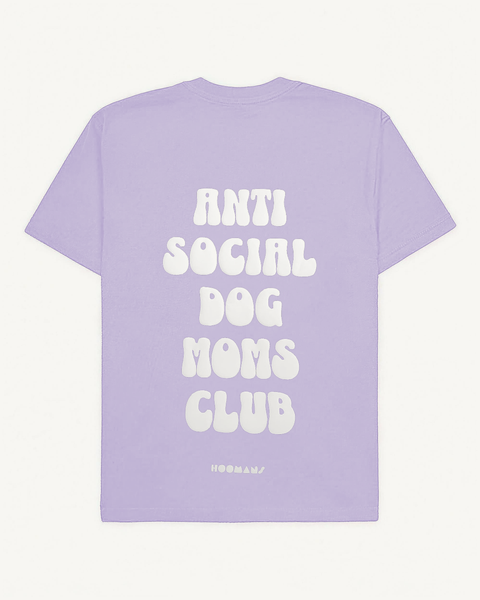 Lavender oversized tee with 'Anti Social Dog Moms Club' white puff print, back flat lay