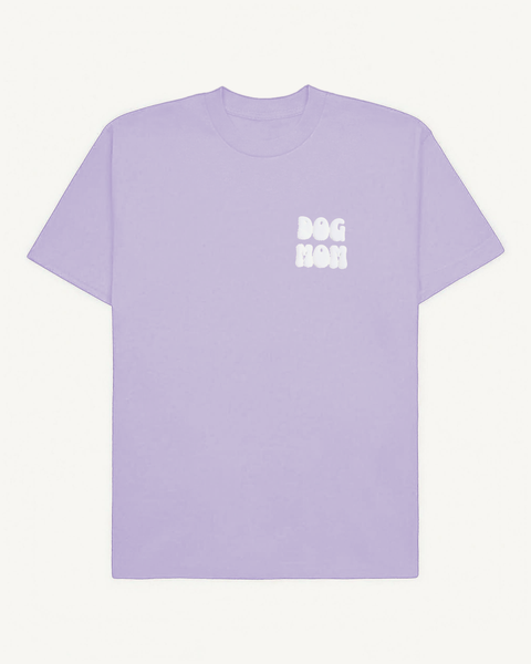 Lavender oversized tee with 'Dog Mom' white puff print on left chest, front flat lay