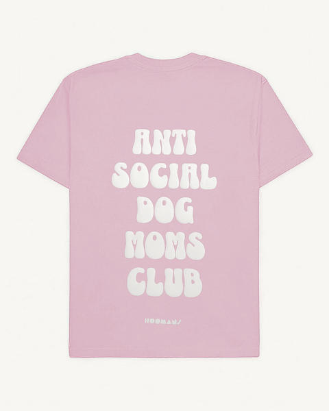 Light baby pink oversized tee with 'Anti Social Dog Moms Club' white puff print, back flat lay