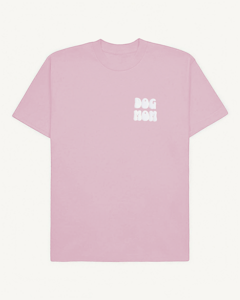 Light baby pink oversized tee with 'Dog Mom' white puff print on left chest, front flat lay