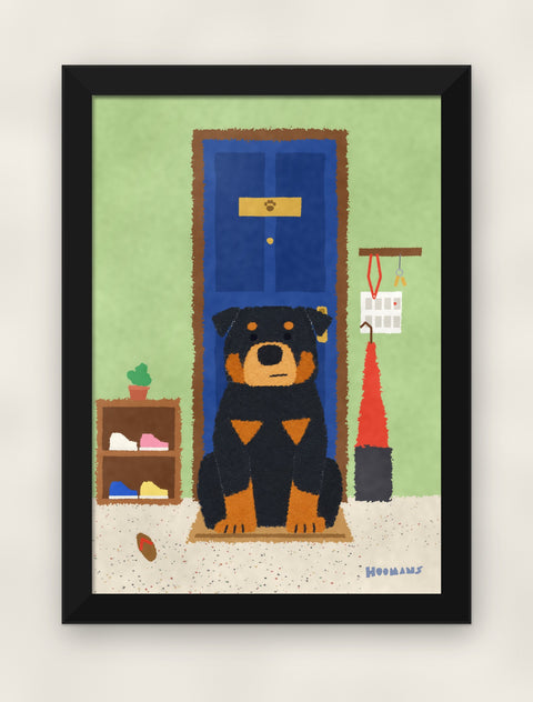 Rottweiler at the Door art print in a black frame on a plain wall, front view