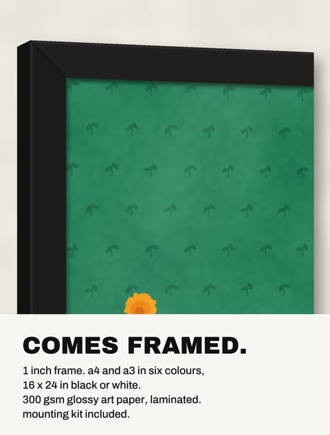 Corner of the black frame at an angle showing the Pug at the Table print inside