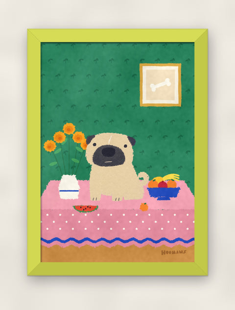 Pug at the Table art print in a lime frame on a plain wall