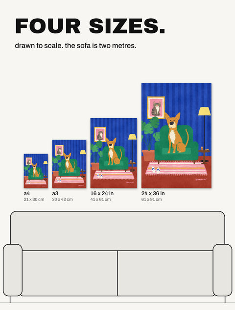 The Indie in the Armchair poster in all four sizes, A4, A3, 16 x 24 in and 24 x 36 in, drawn to scale over a two metre sofa