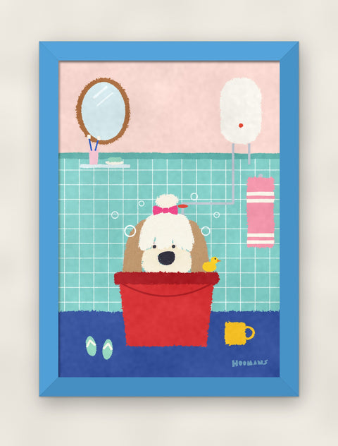 Shih Tzu in the Bathroom art print in a sky blue frame on a plain wall